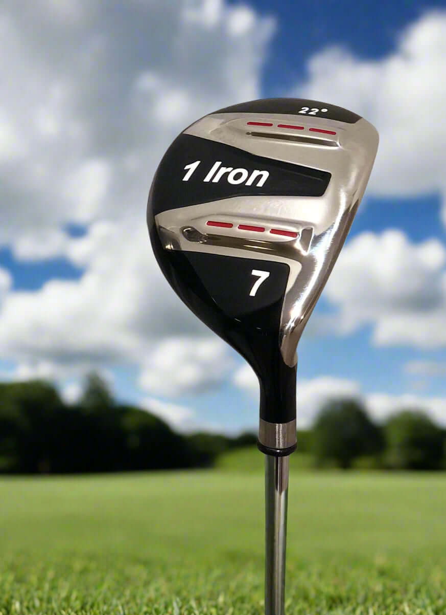Golf club labeled '1 Iron' #7 Fairway Wood  in front of a golf course