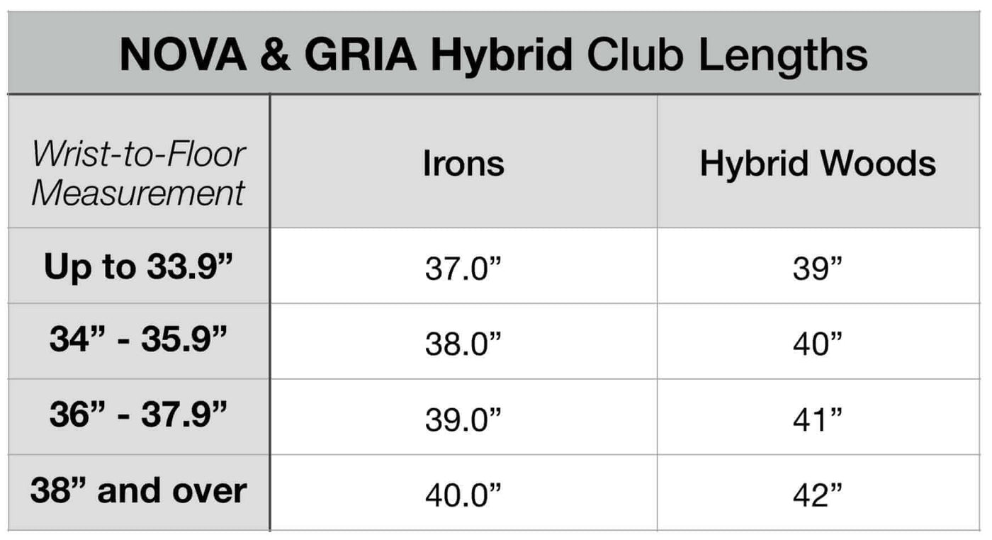 NOVA Hybrid Irons and GRIA club length chart displaying wrist-to-floor measurements and corresponding lengths for irons and hybrid woods.