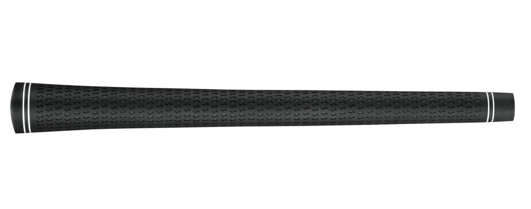 Black golf club grip with white stripe on a white background