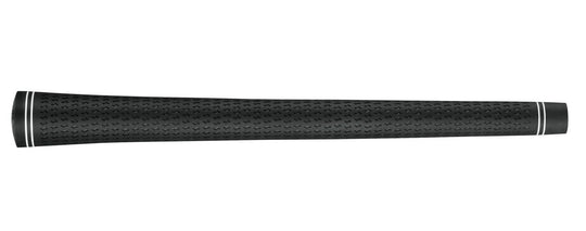 Black golf club grip with white stripe on a white background