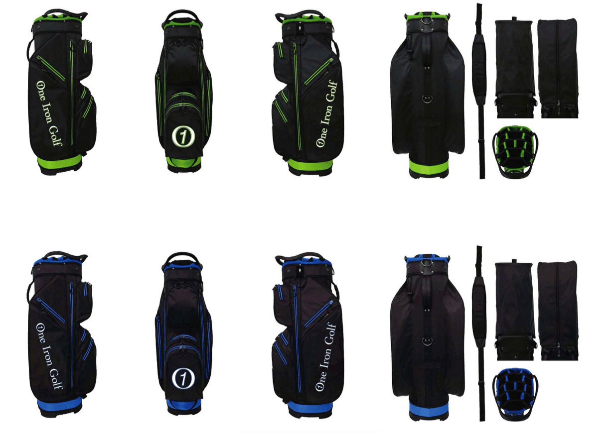 Side and top views of the golf cart bags, include zippered top and carrying strap.